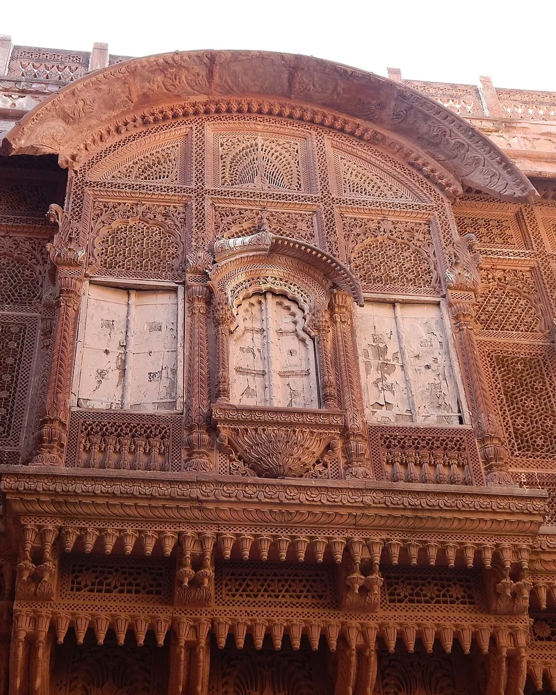 Carved jharokha window at Mehrangarh Fort in Jodhpur